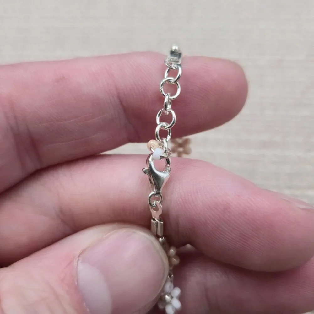 7 Inch Sterling Silver Small Bead Flowers Handmade Bracelet A6774 - Picture 4 of 7